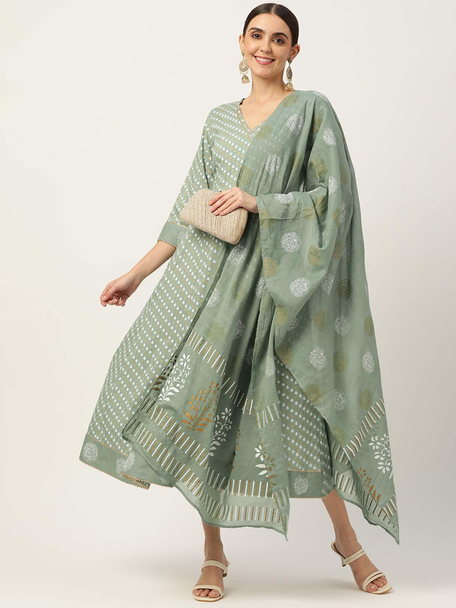 green ethnic motifs print cotton a-line kurta with dupatta (set of 2)