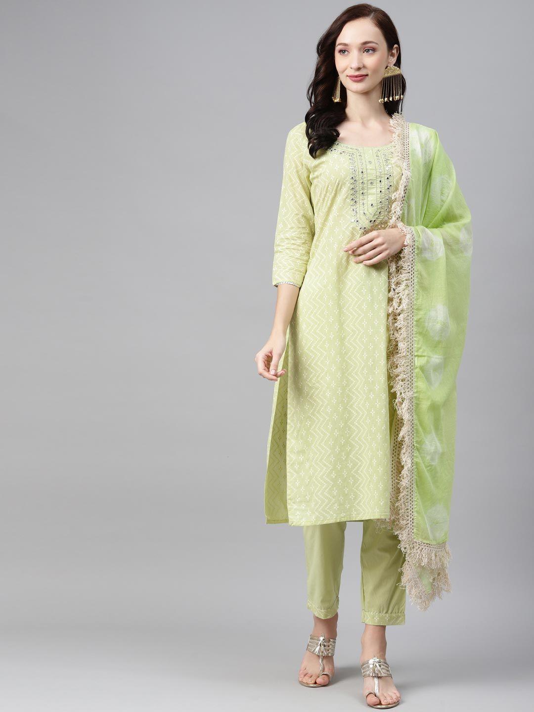 green ethnic motifs printed mirror work cotton kurta & trousers with dupatta (set of 3)