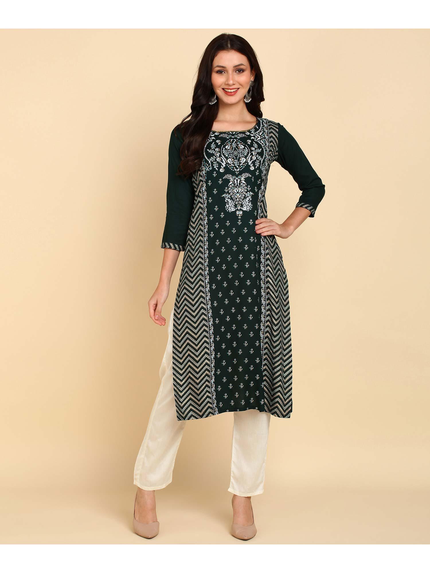 green ethnic motifs printed rayon kurta