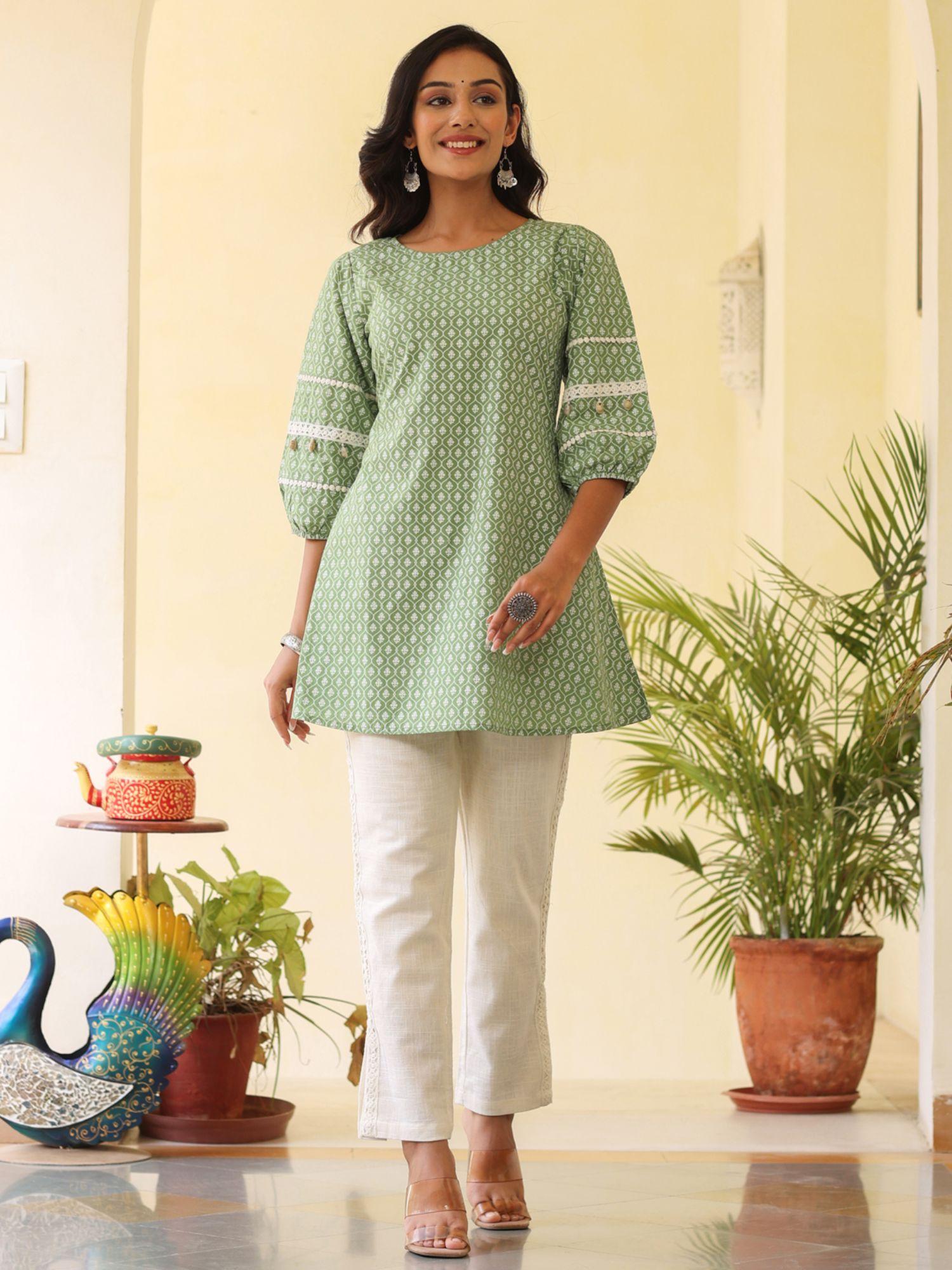 green ethnic printed cotton embellished short kurti