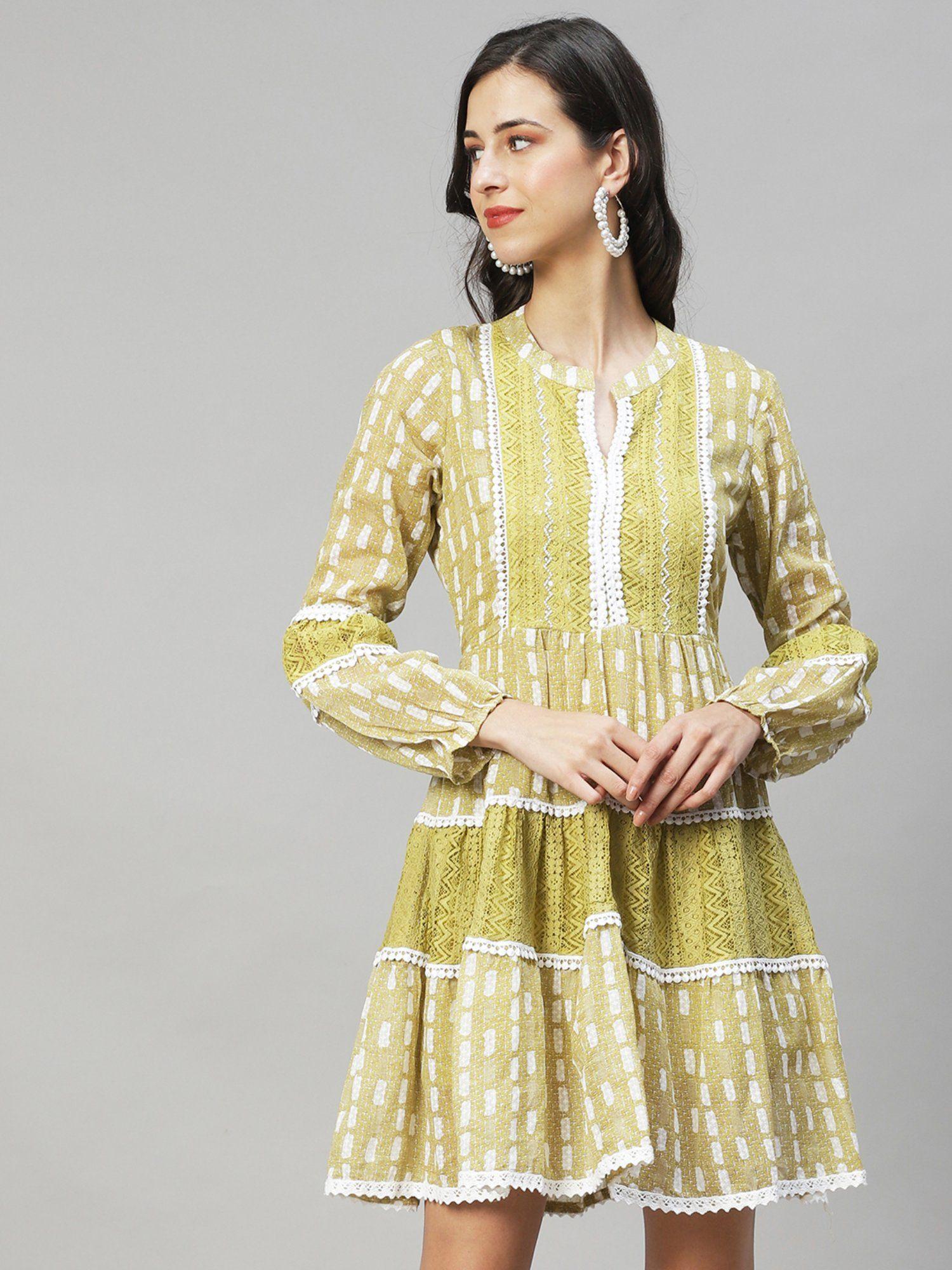 green ethnic printed embroidered a-line mini dress
