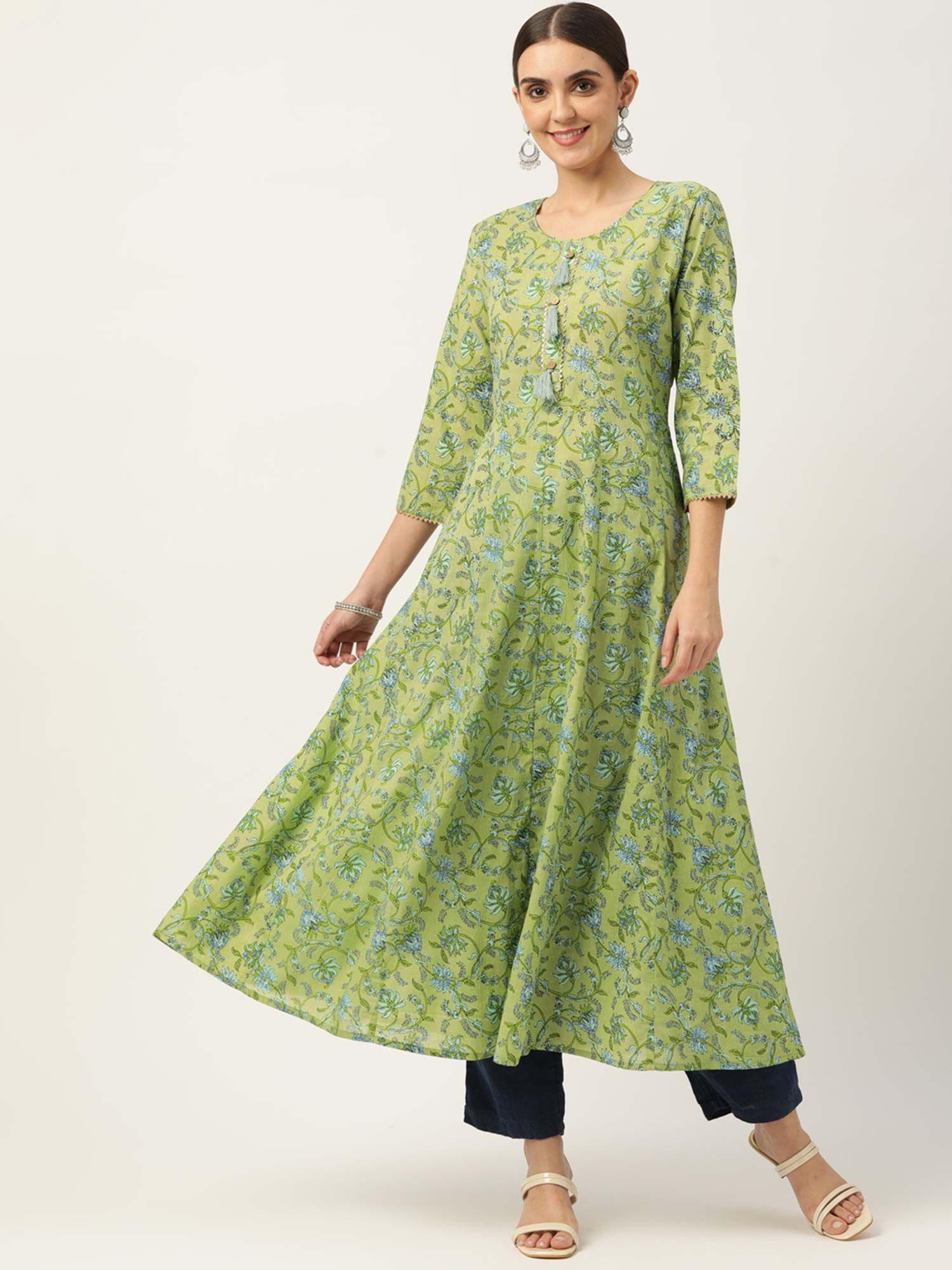 green ethnic printed pure cotton gota patti anarkali kurta