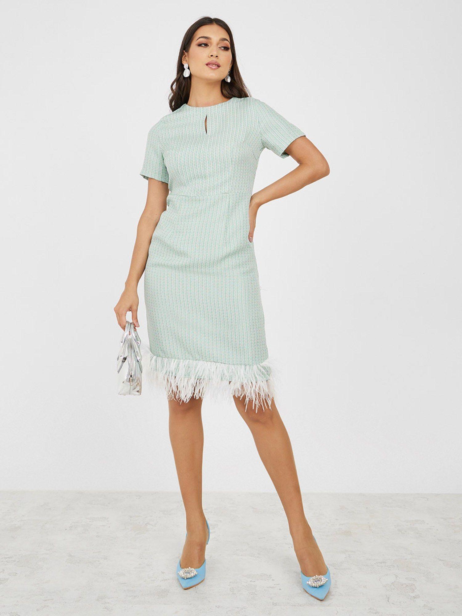 green faux feather trim tweed sheath knee length dress