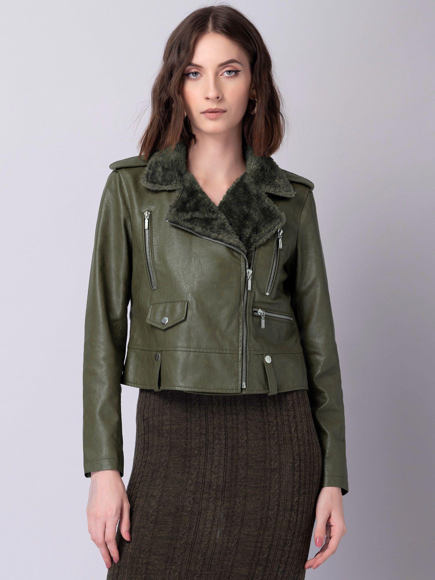 green faux fur leather biker jacket