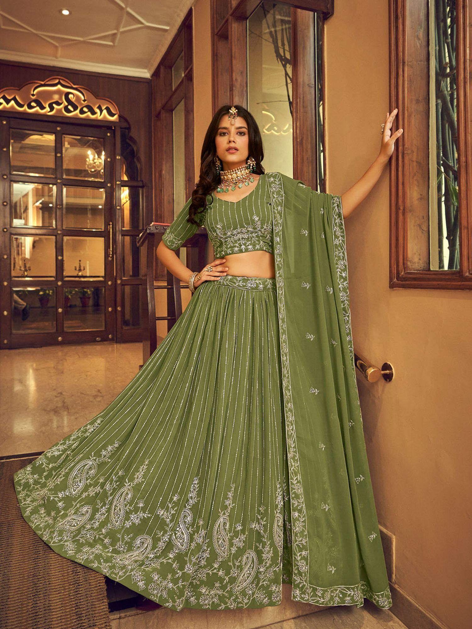 green faux georgette designer semi stitched lehenga with unstitched blouse (set of 3)