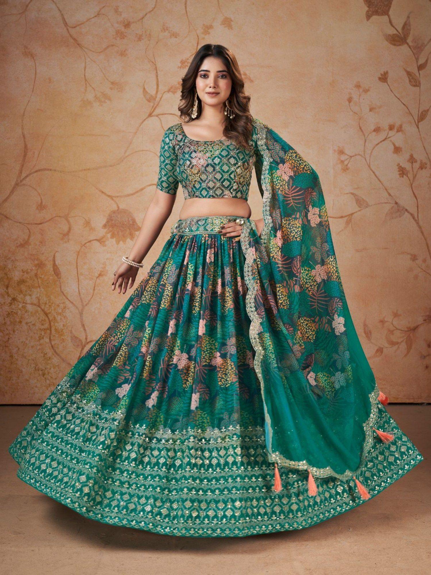 green faux georgette printed semi stitched lehenga with unstitched blouse (set of 3)