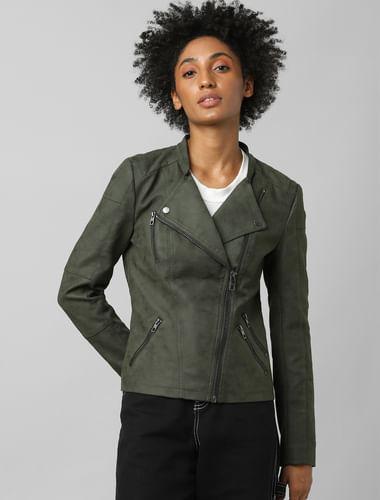 green faux leather biker jacket