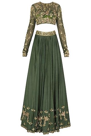 green feather lengha set in pure silk and shimmer net