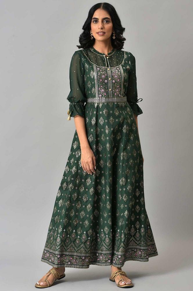 green festive dress with six panel flare