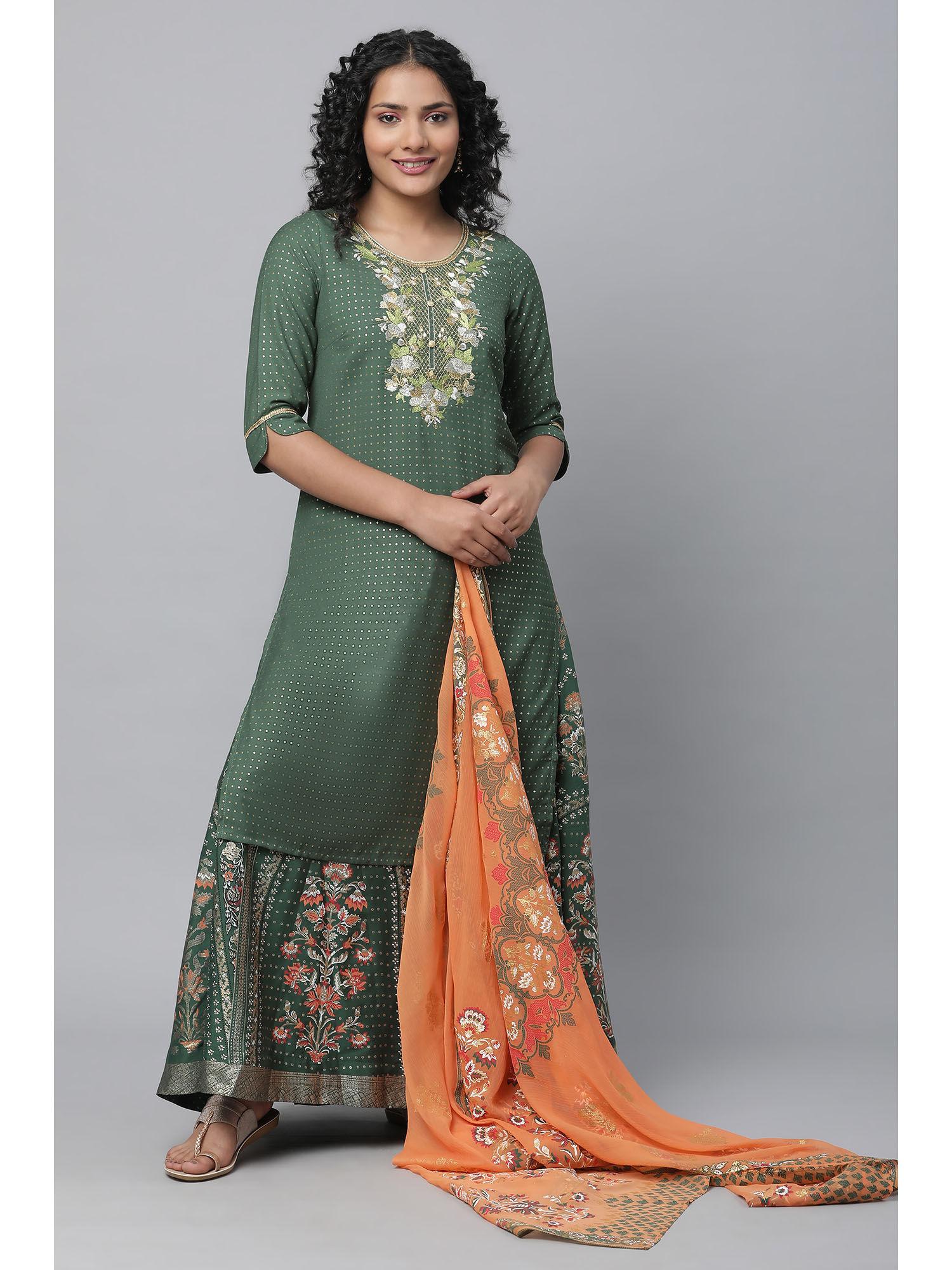 green festive kurta with skirt and dupatta (set of 3)