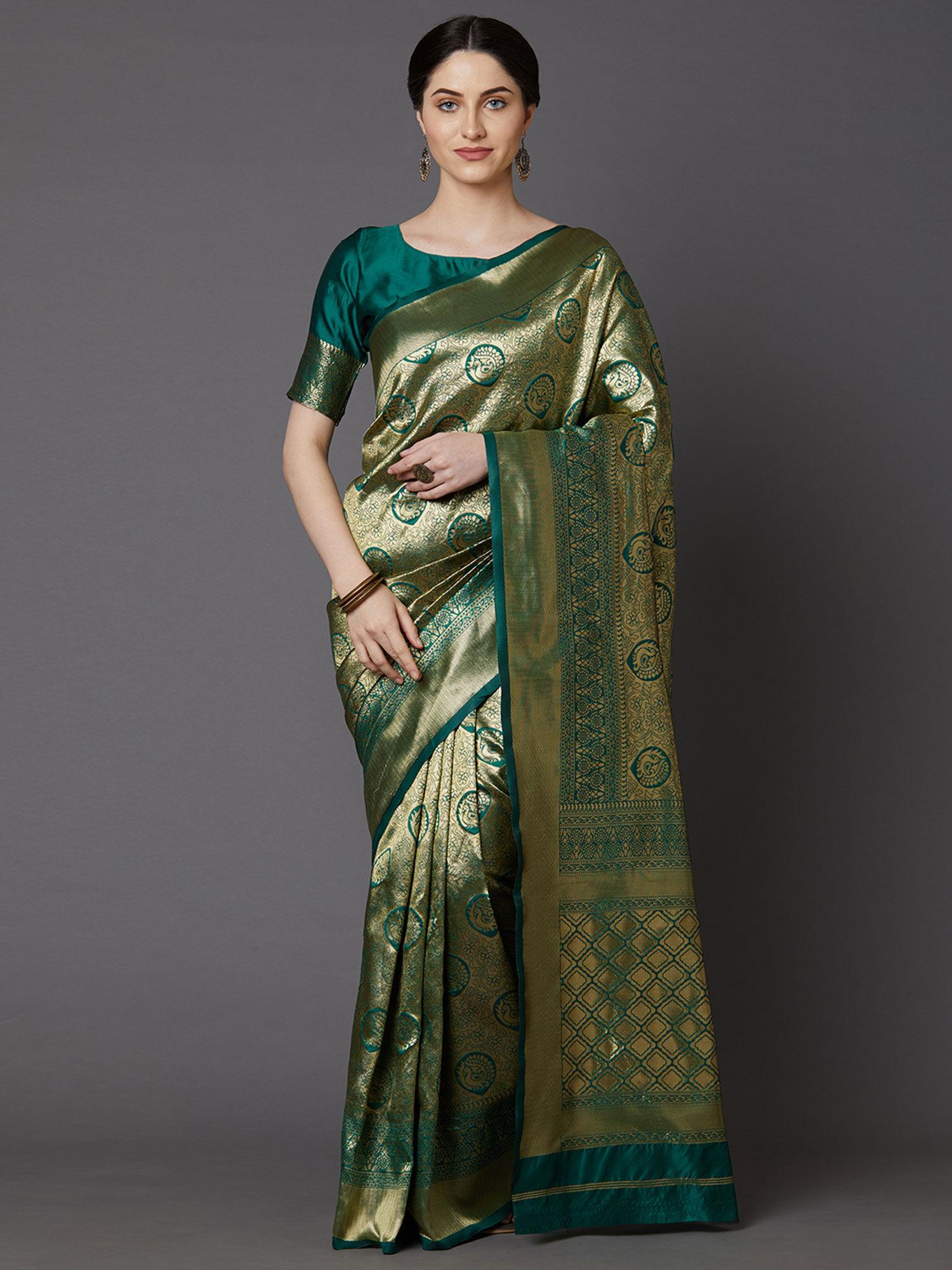 green festive silk blend banarasi saree with unstitched blouse