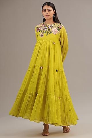 green fine chanderi floral embroidered maxi tiered dress