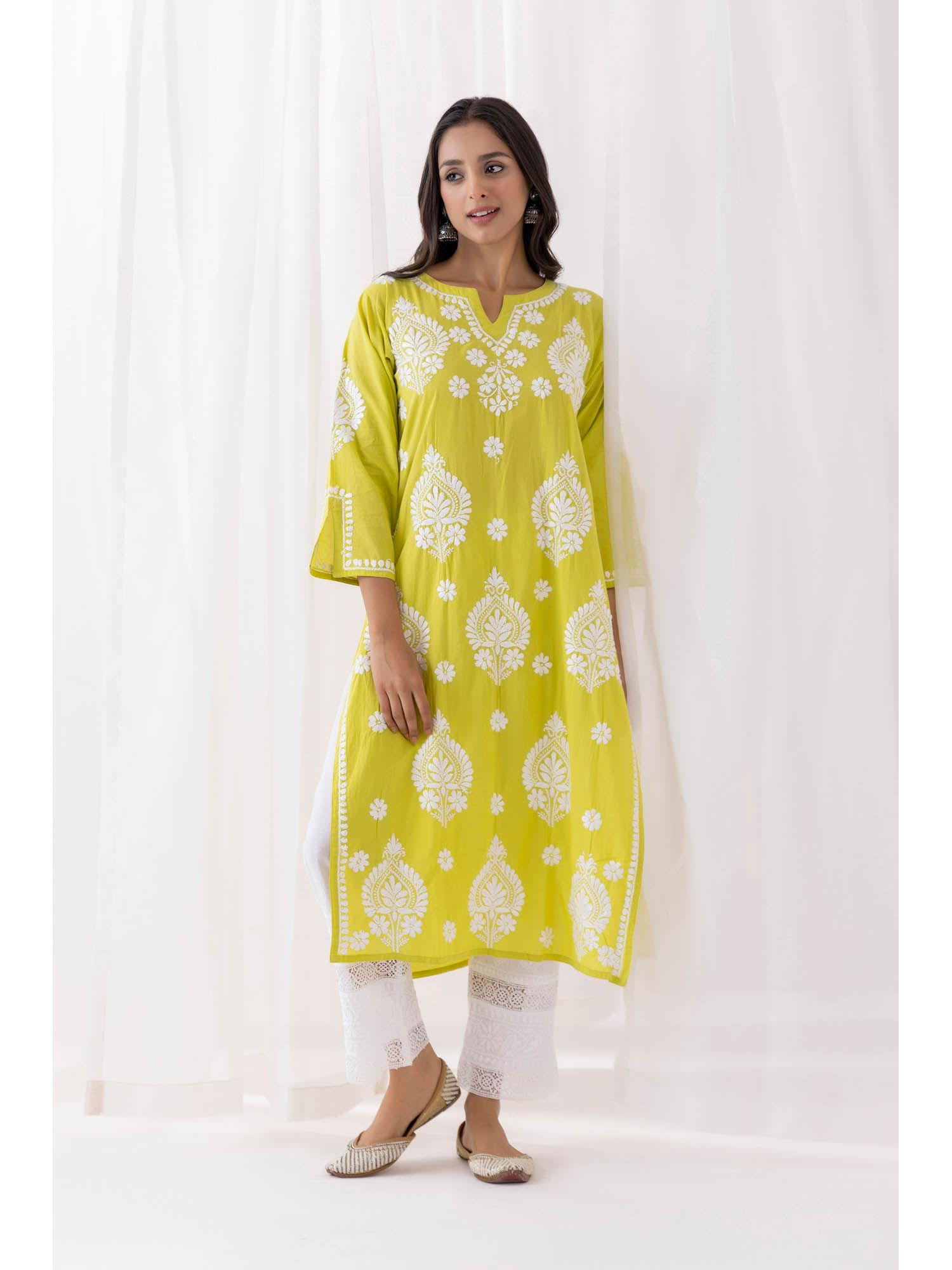 green fizaa chikankari kurta in rayon cotton