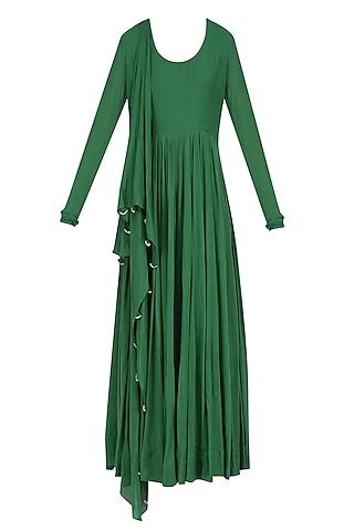 green flared and pleated drape anarkali with attached dupatta