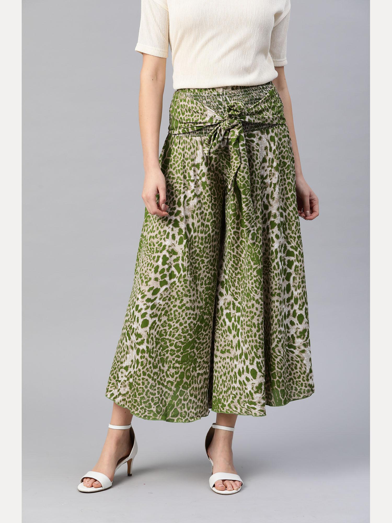 green flared waist belted palazzo