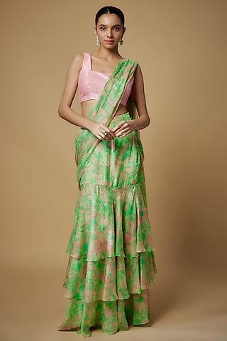 green flat chiffon floral printed & cutdana embroidered draped saree set