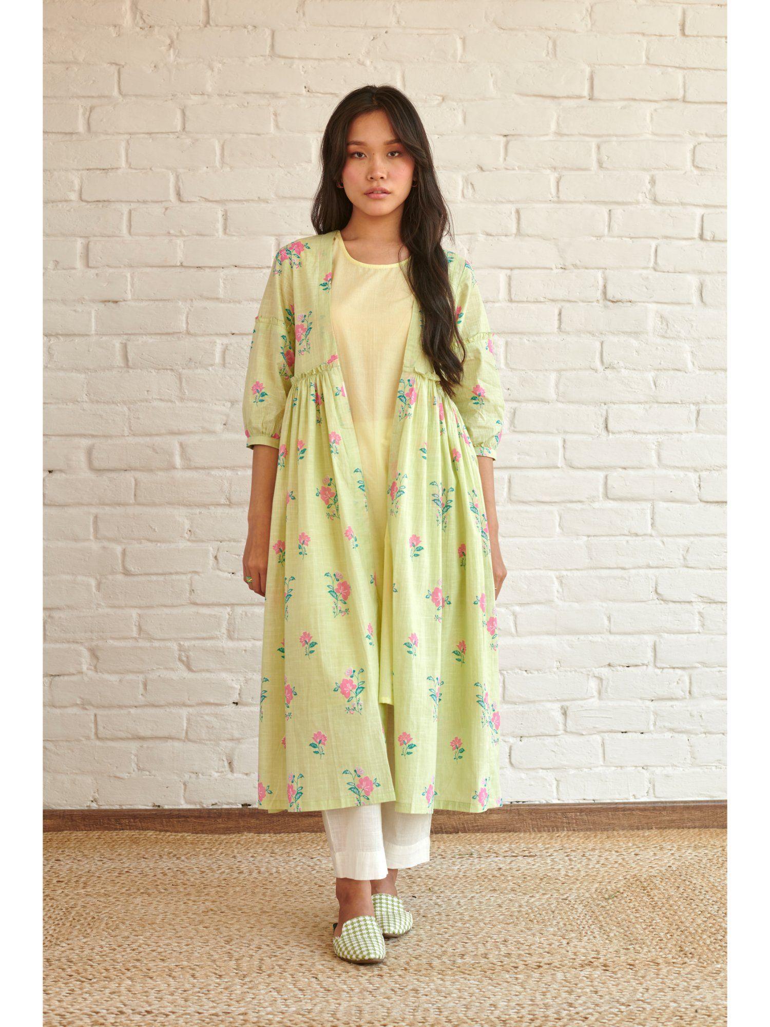 green flora kurta and jacket (set of 2)