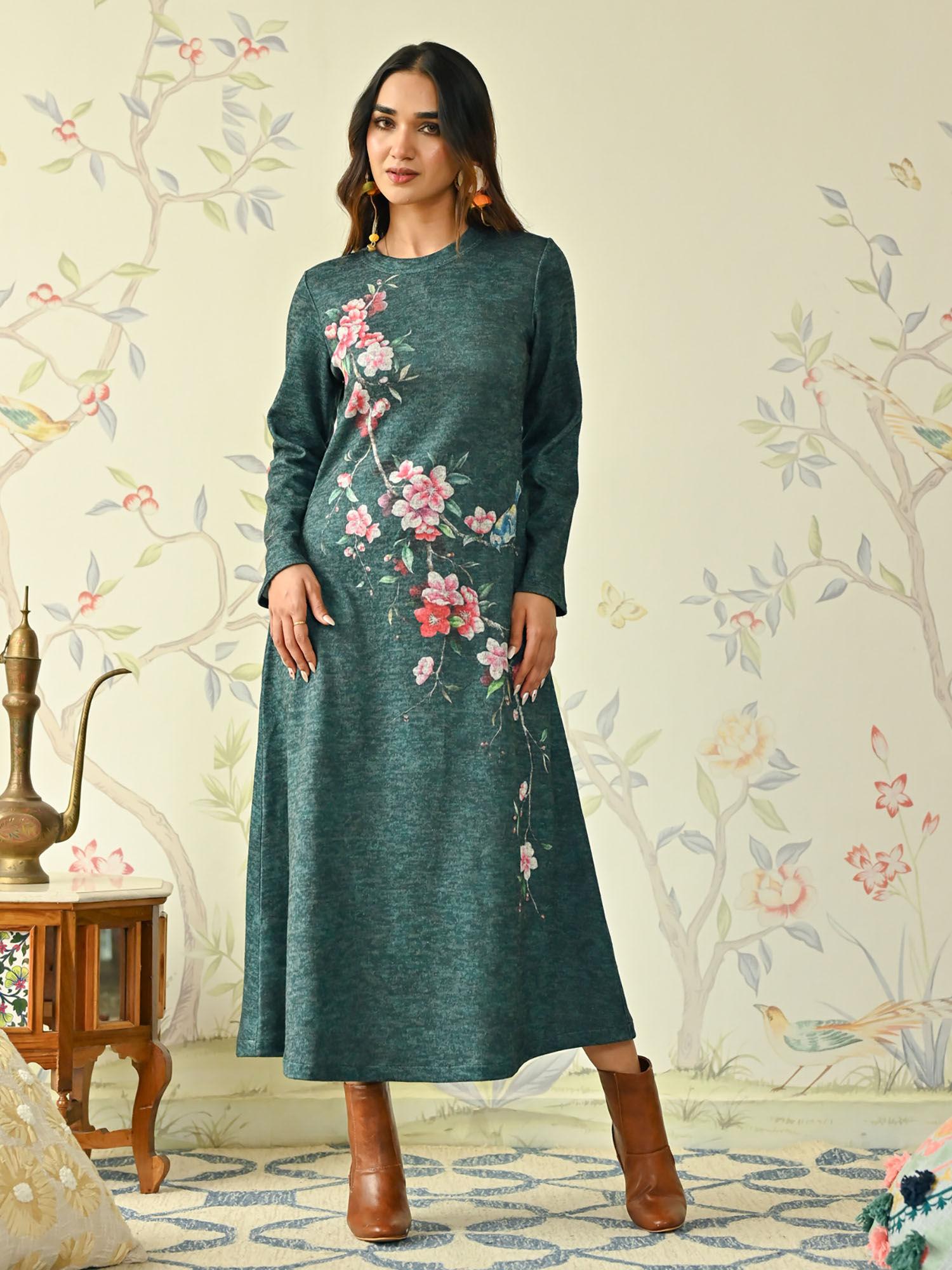 green floral a-line woollen maxi dress