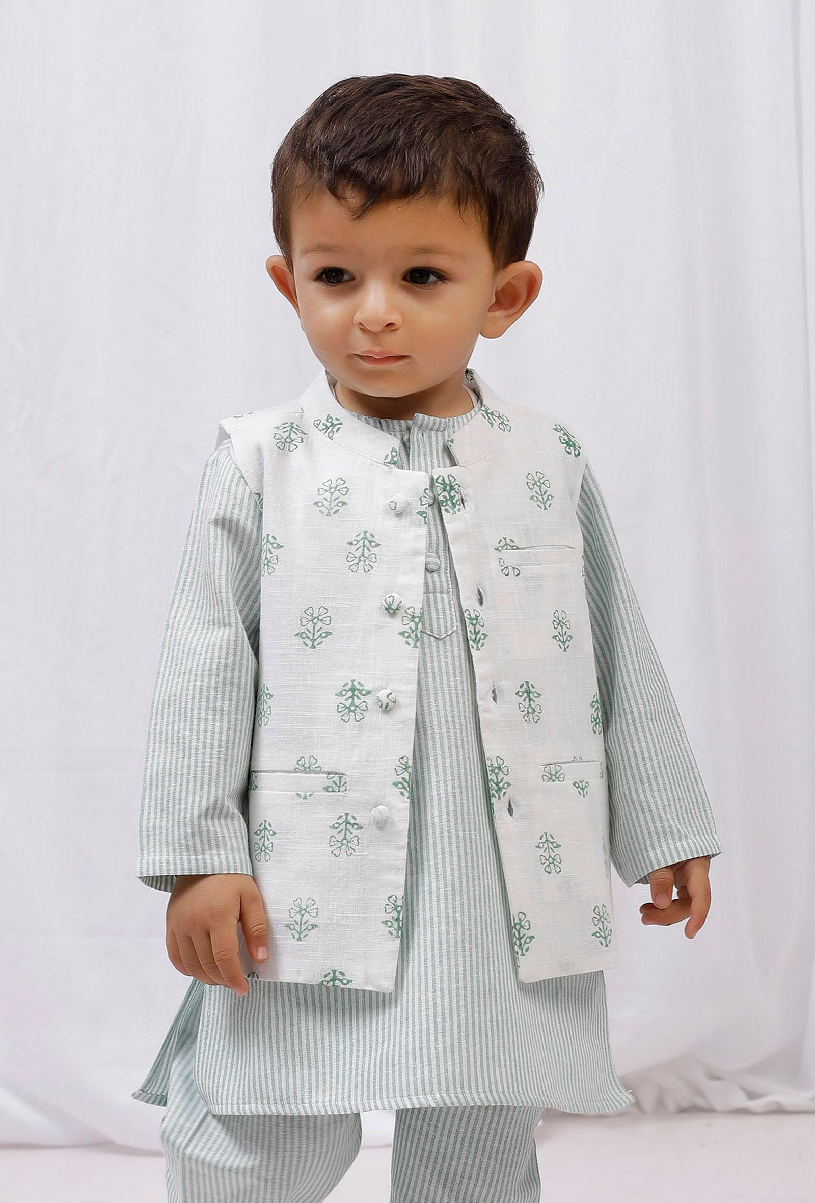 green floral block printed nehru jacket