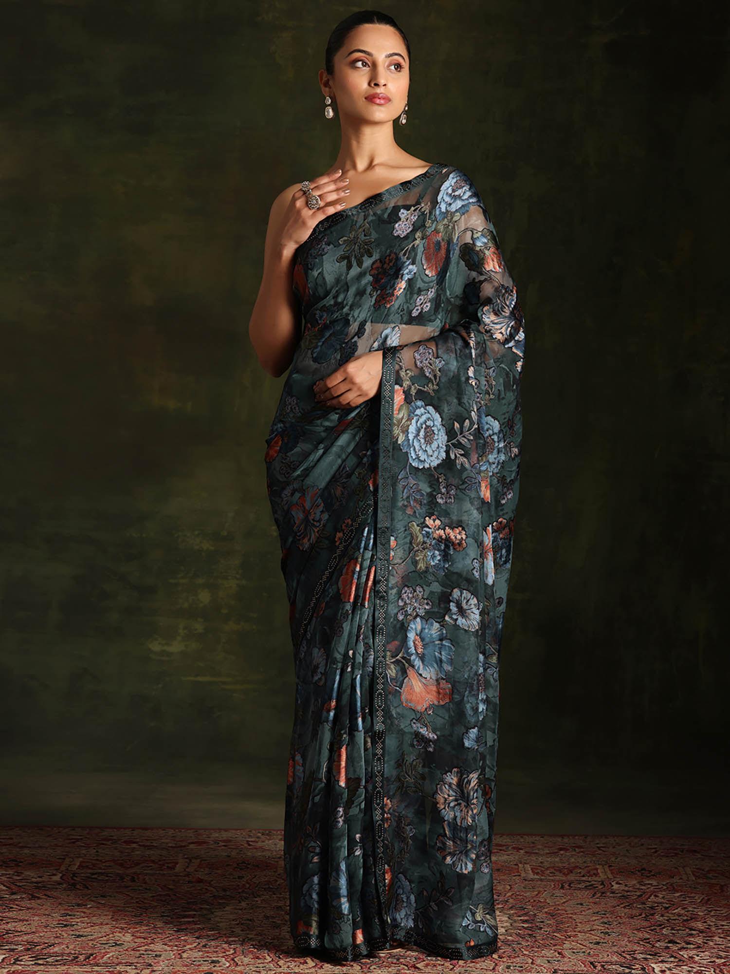 green floral brasso saree with unstitched blouse