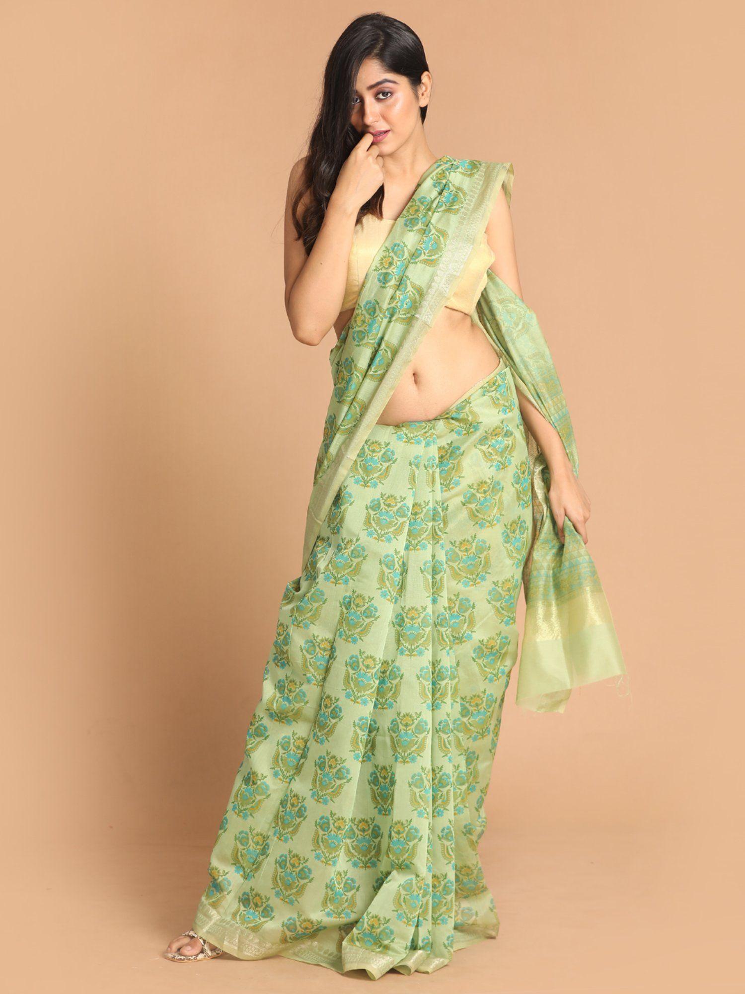 green floral cotton blend saree with unstitched blouse