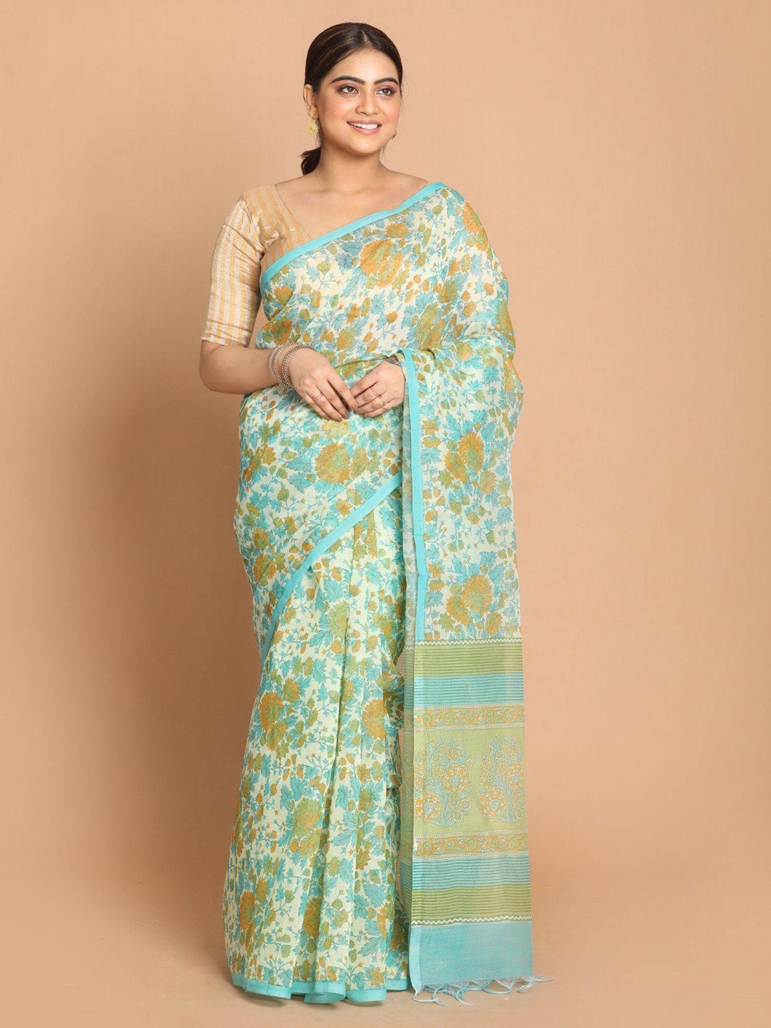 green floral cotton blend saree with unstitched blouse