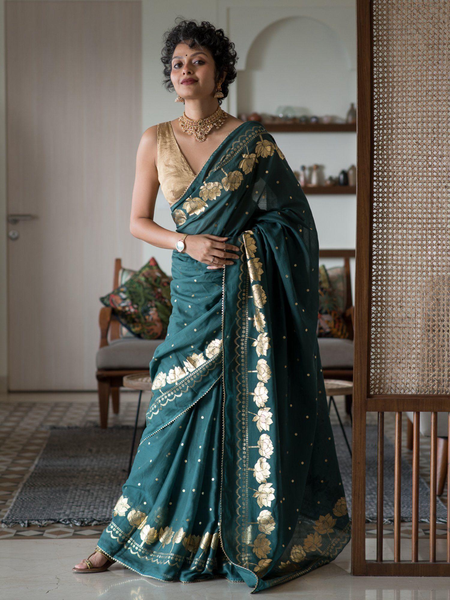 green floral cotton blend saree without blouse