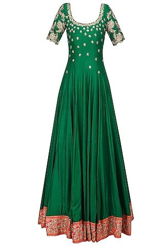 green floral embroidered anarkali with gold dupatta