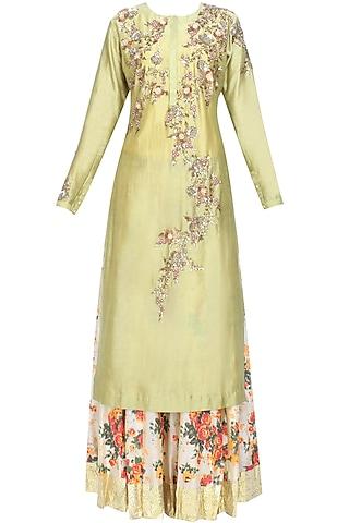 green floral embroidered kalidaar kurta and off white skirt with golden scarf