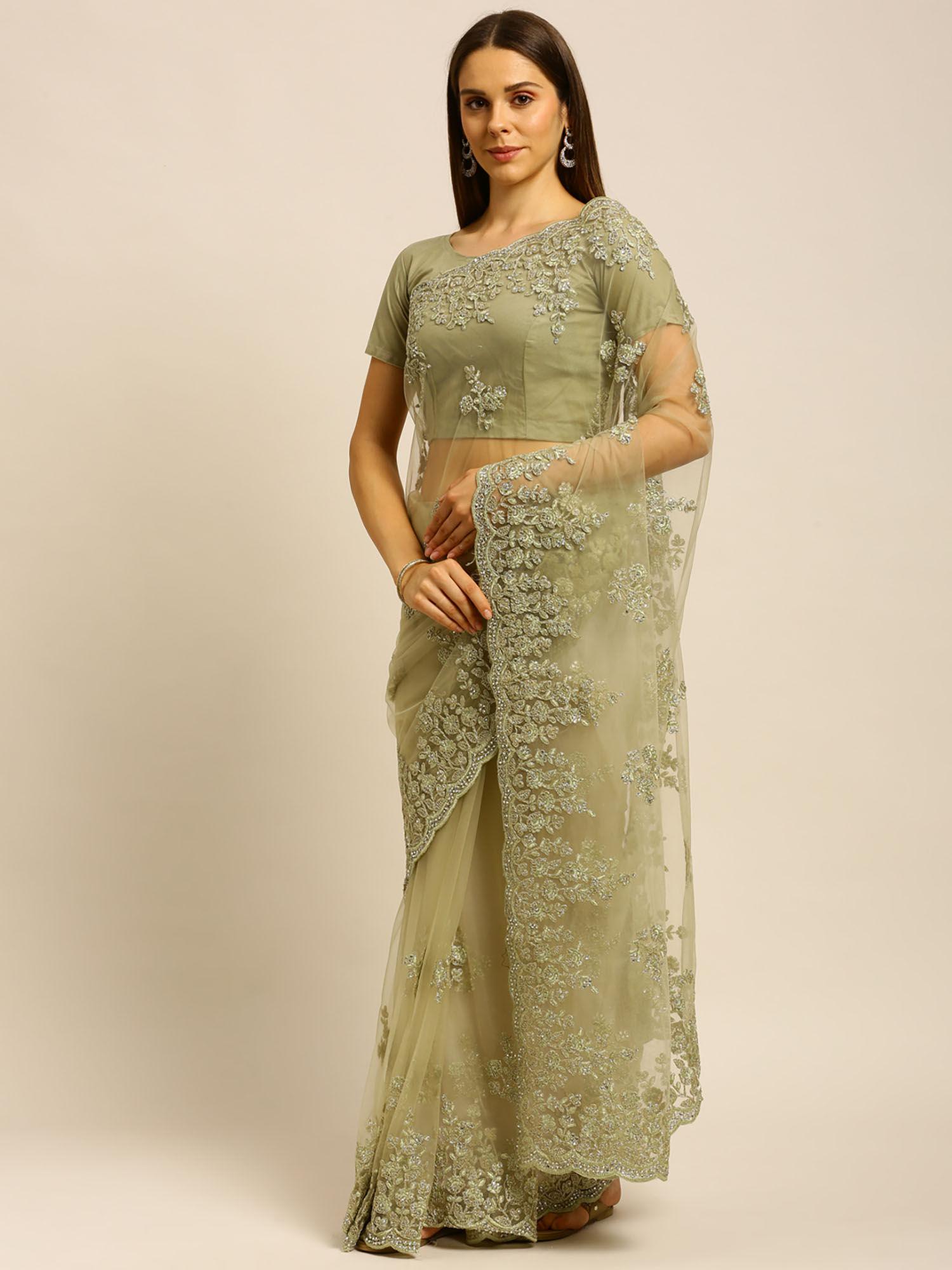 green floral embroidered net saree with unstitched blouse