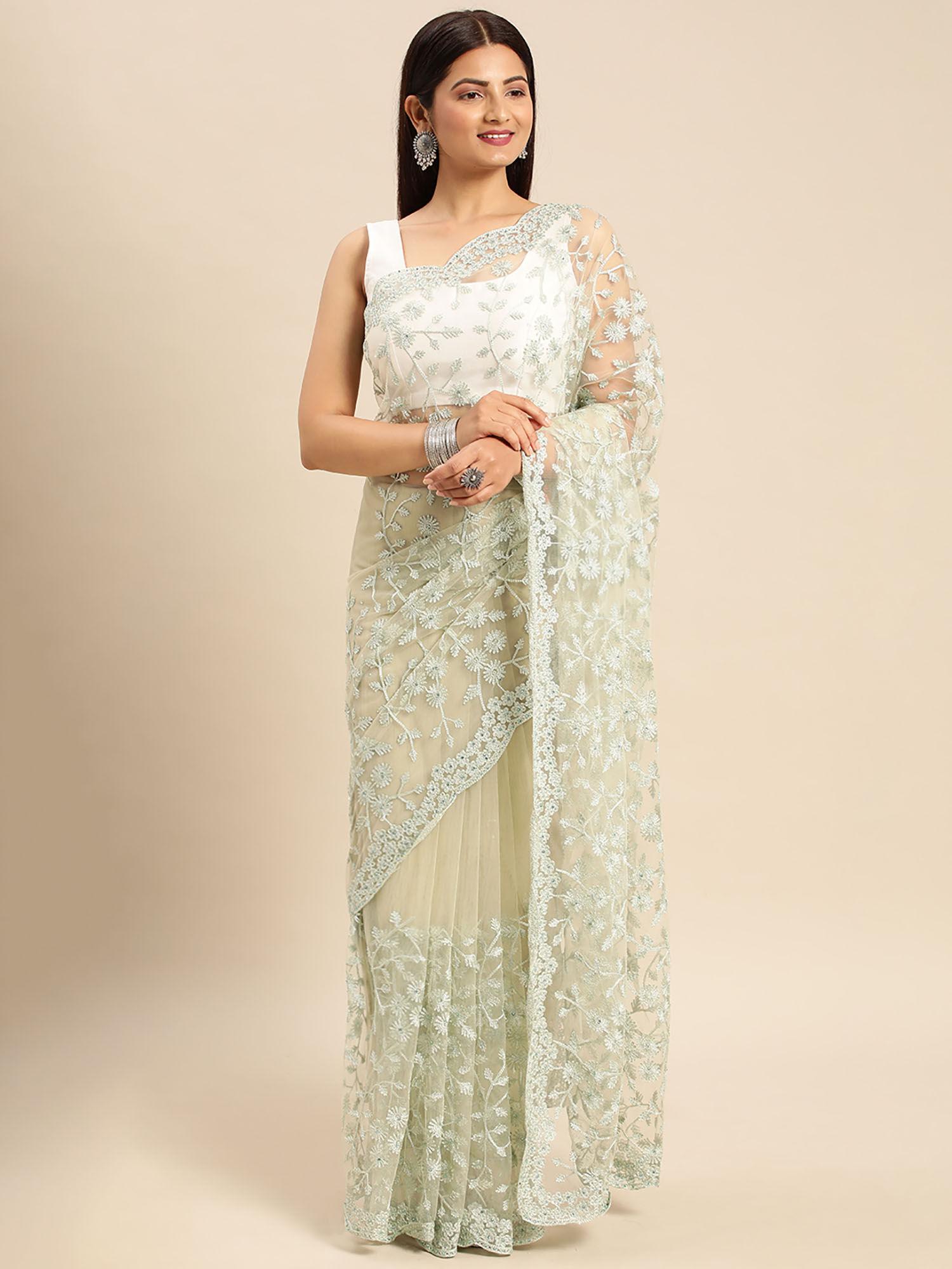 green floral embroidered net saree with unstitched blouse