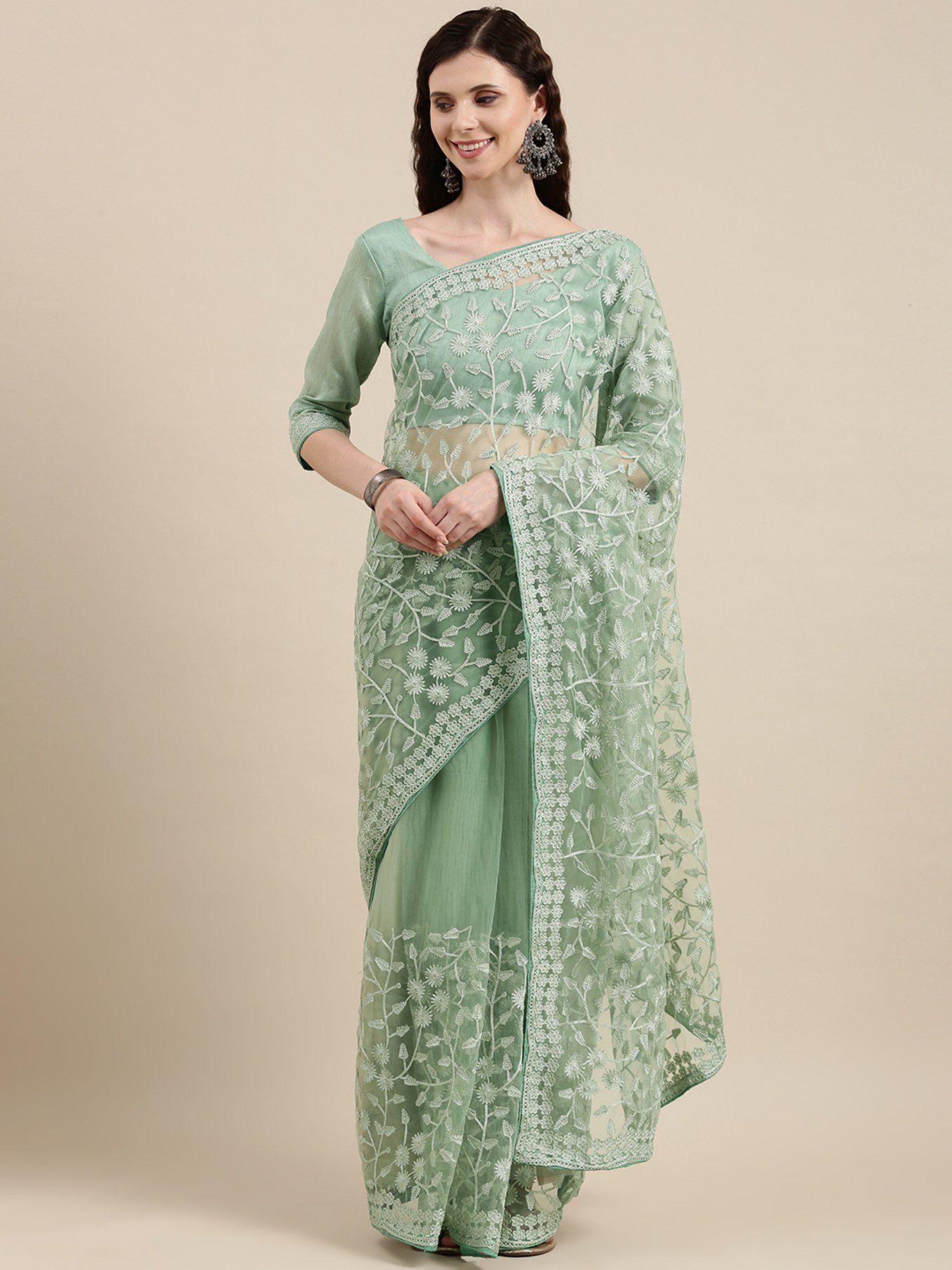 green floral embroidered net saree with unstitched blouse