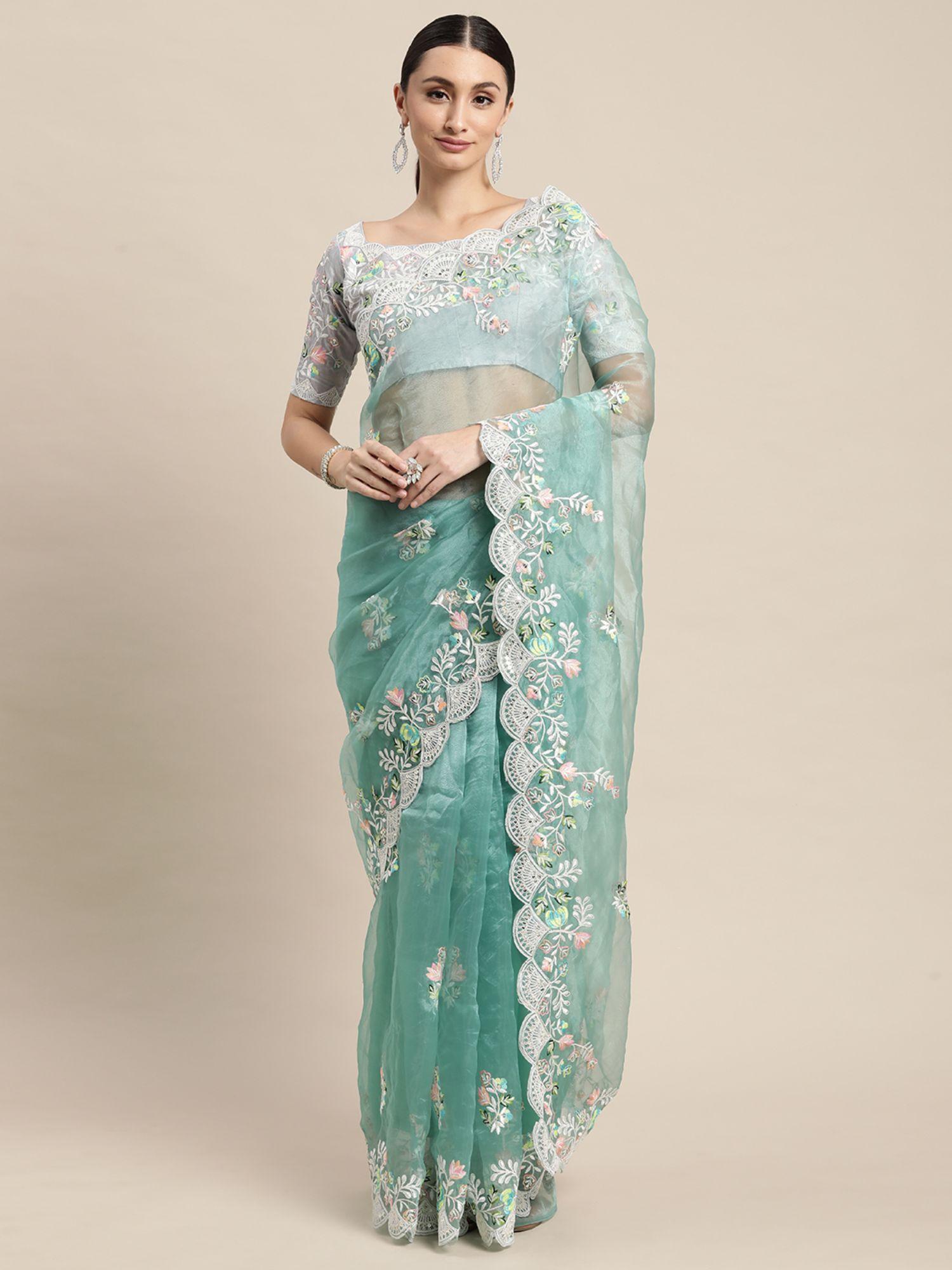 green floral embroidered organza saree with unstitched blouse