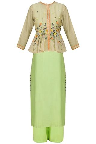 green floral embroidered peplum jacket, tunic and pants set