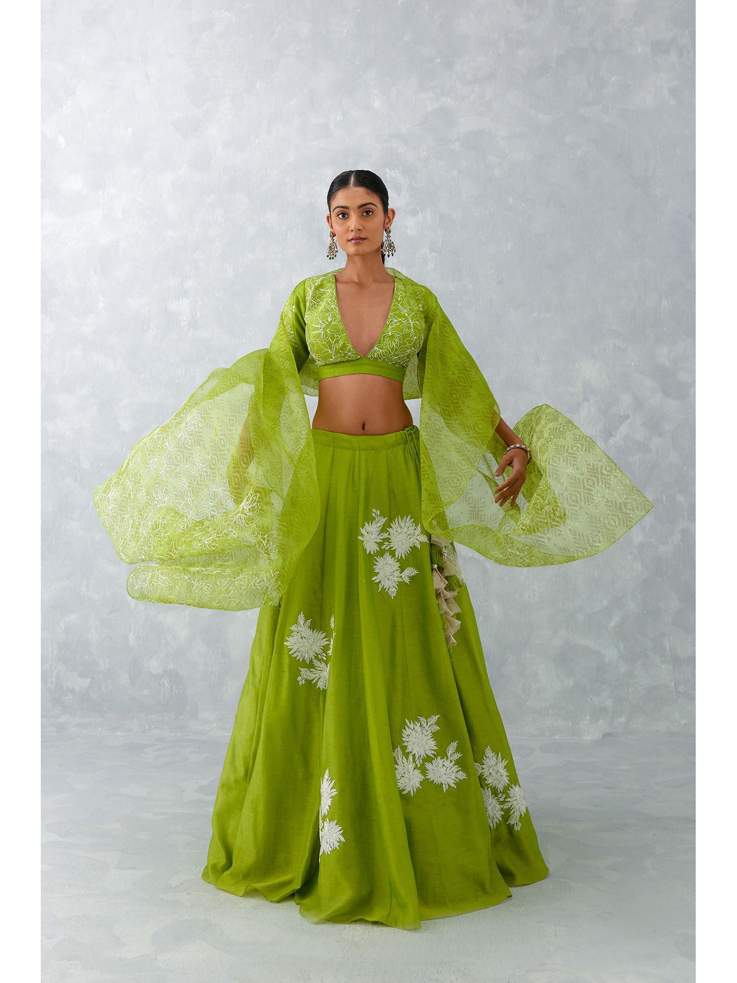 green floral embroidered silk lehenga (set of 3)