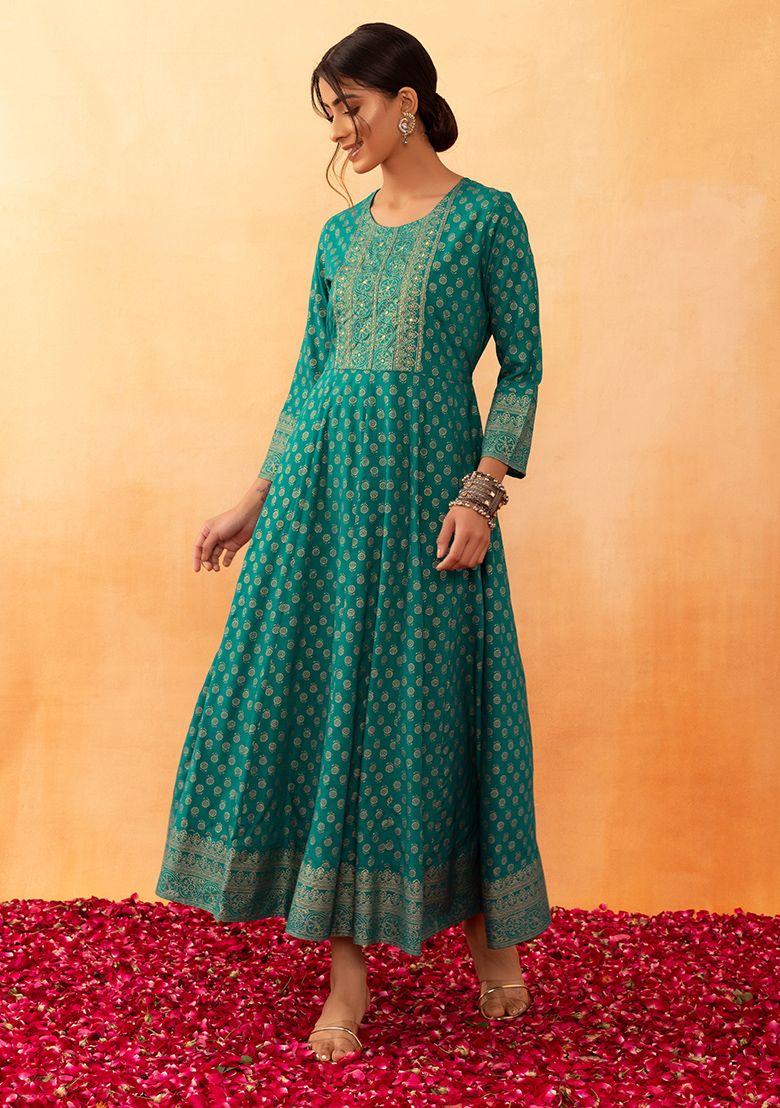 green floral foil print rayon anarkali kurta