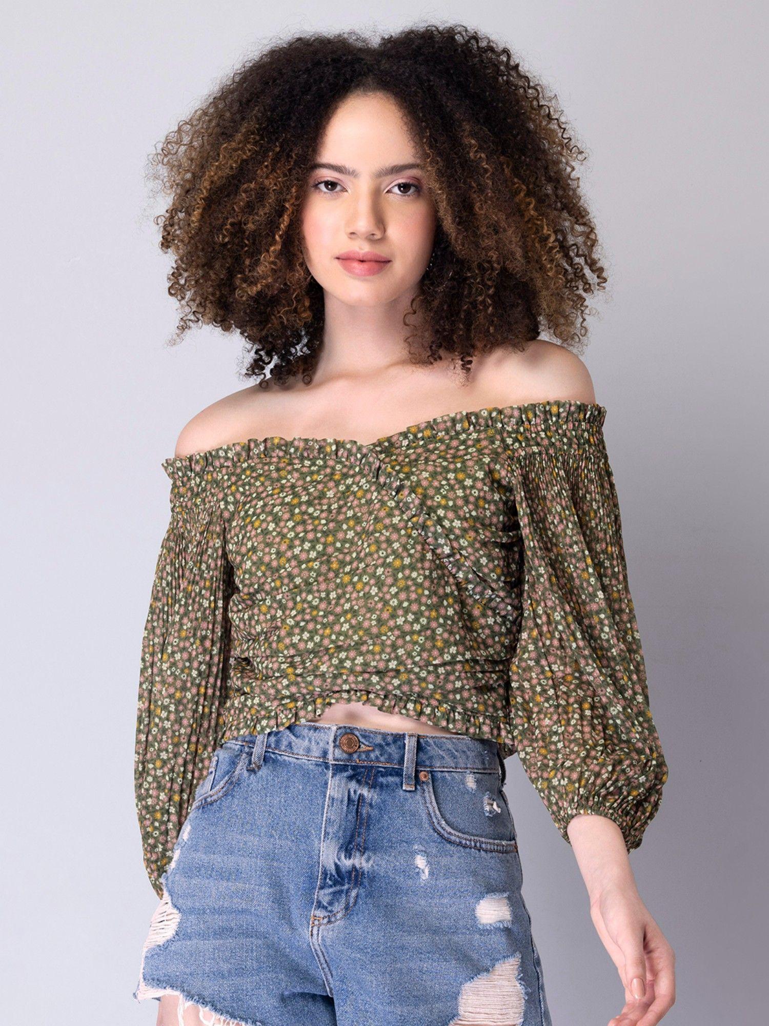 green floral frilled bardot top