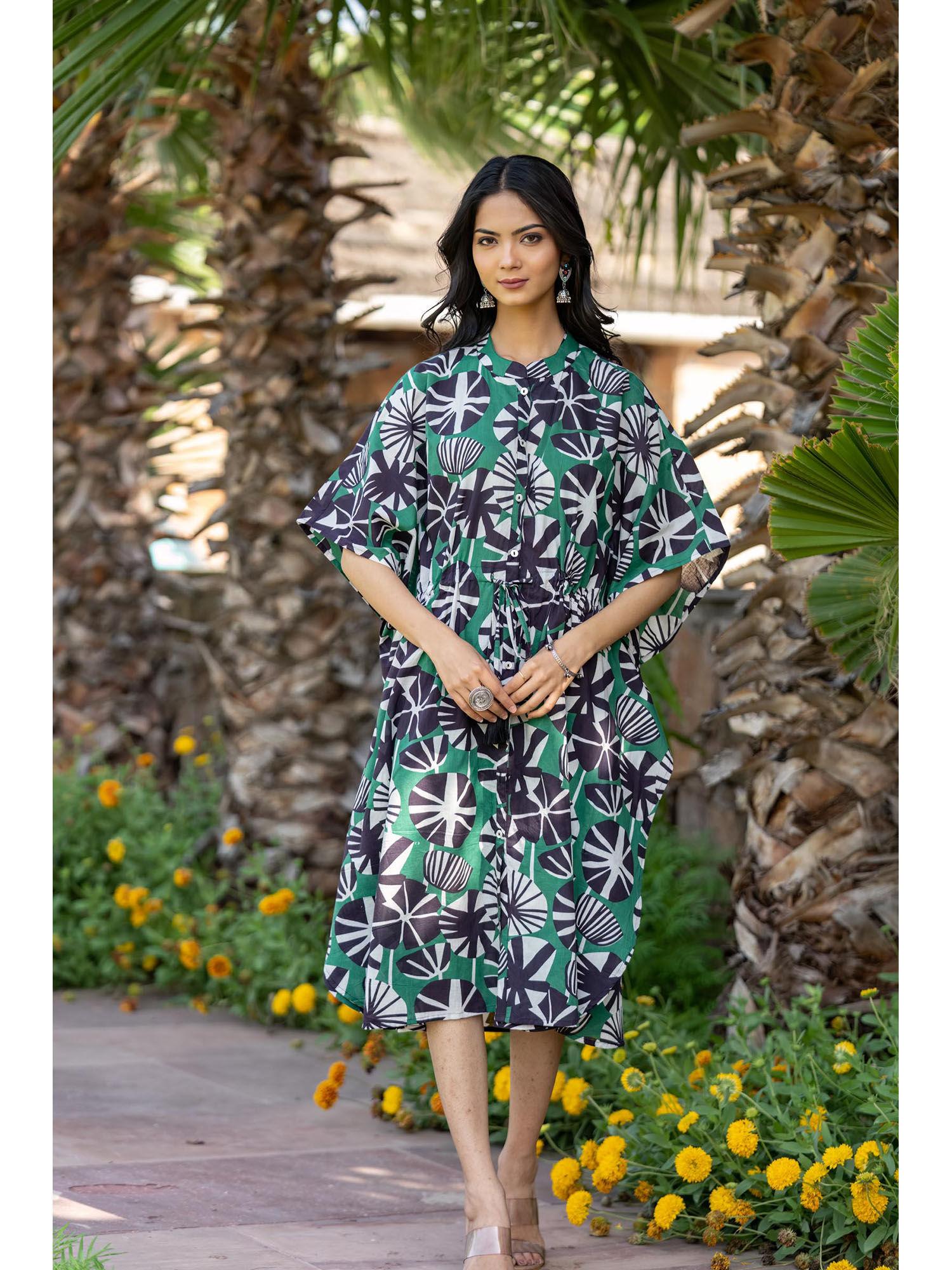 green floral hand block printed cotton kaftan dress