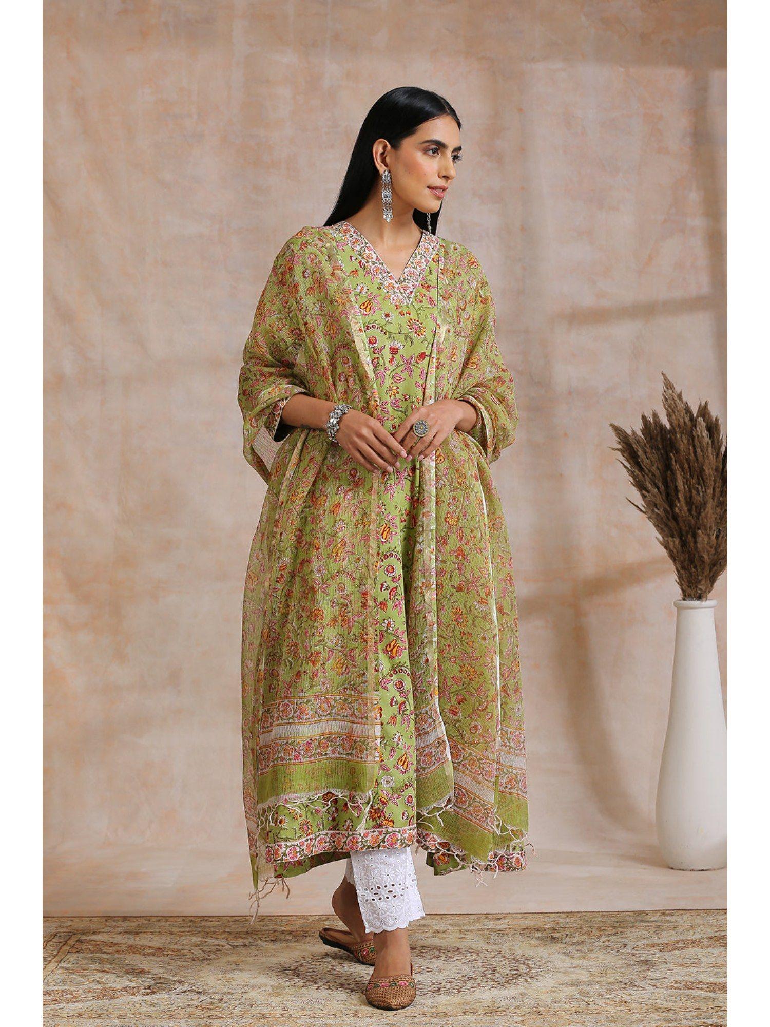 green floral hand block printed kota doria dupatta