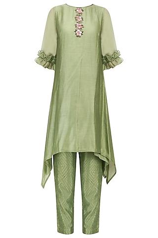 green floral handpainted tunic and pants set