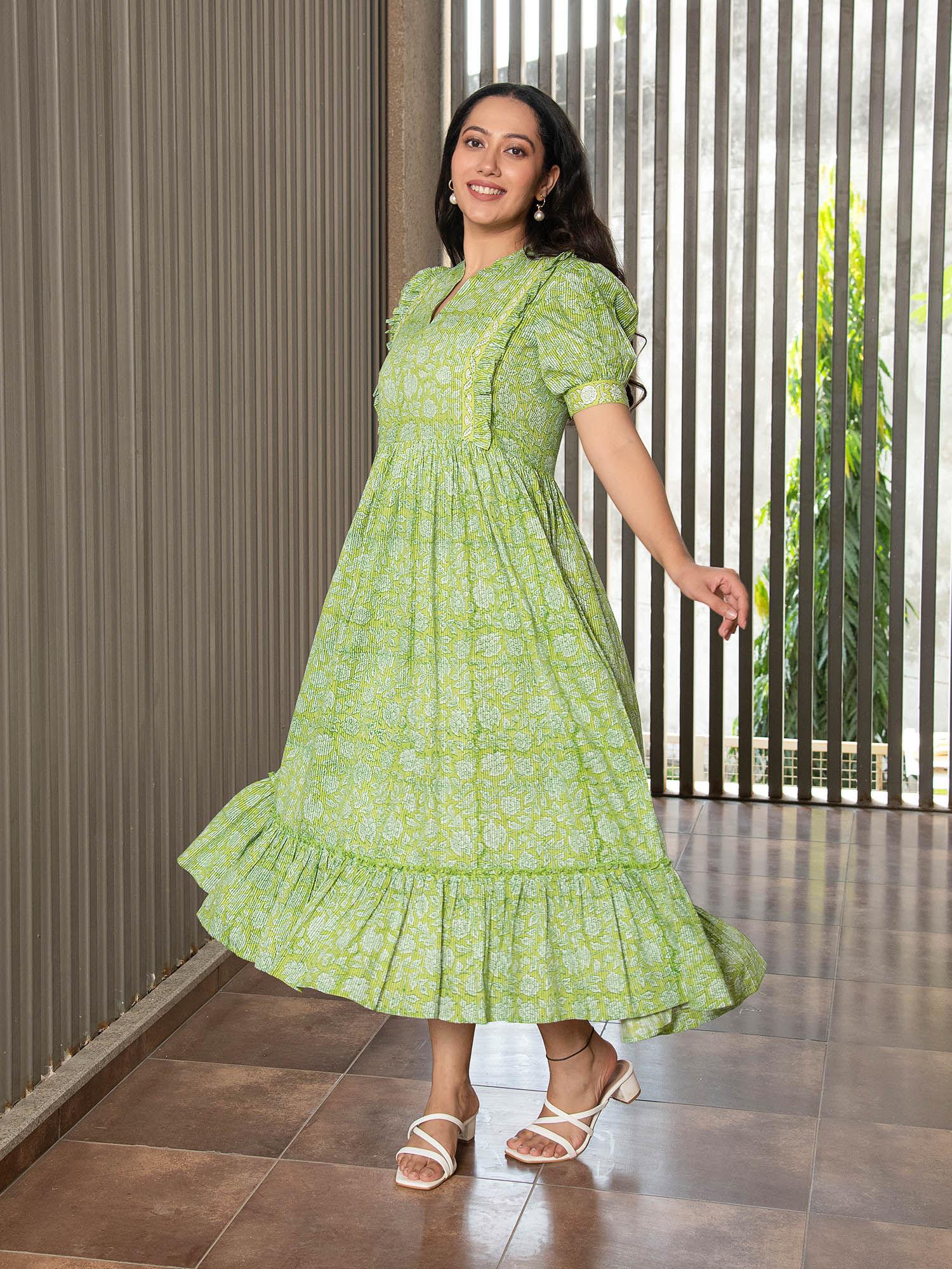 green floral jaal block printed dress