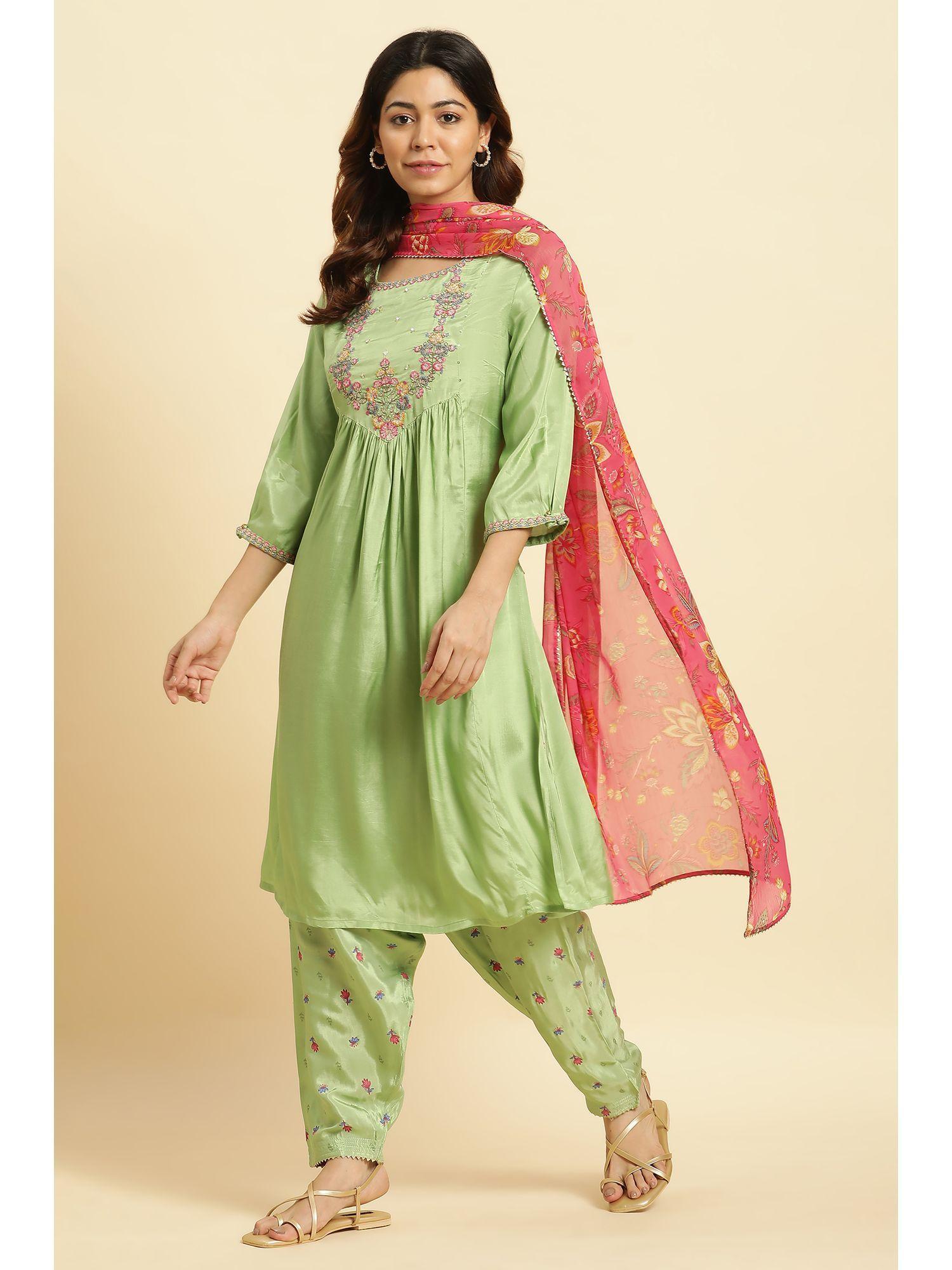 green floral kurta, salwar & dupatta (set of 3)