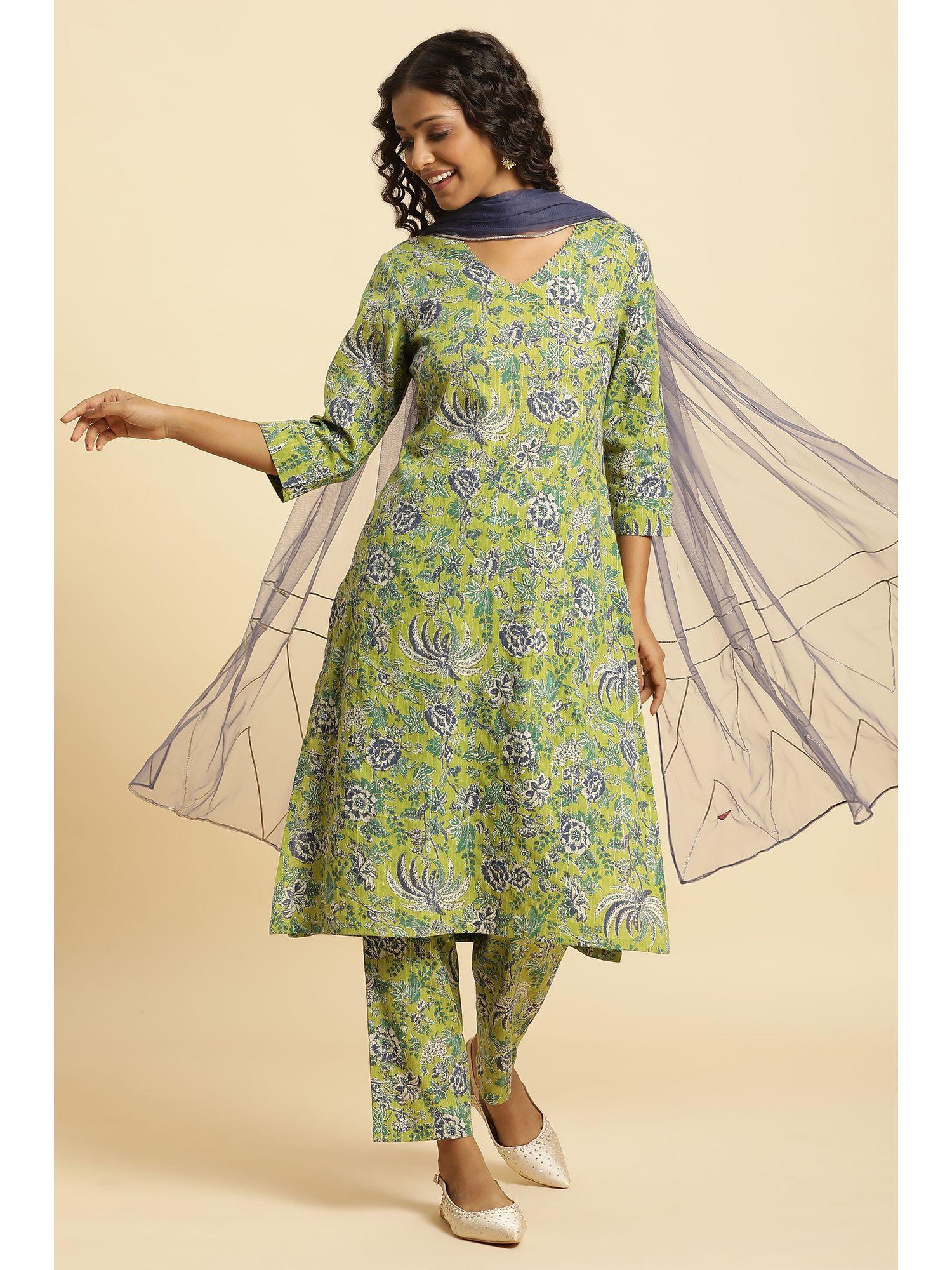 green floral kurta, straight pant & dupatta (set of 3)