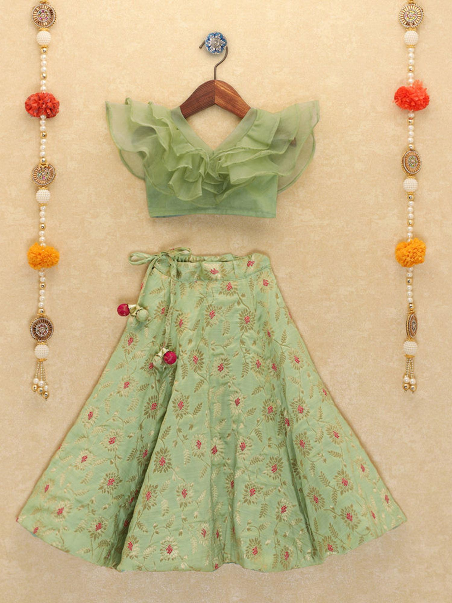 green floral lehenga with ruffled blouse (set of 2)