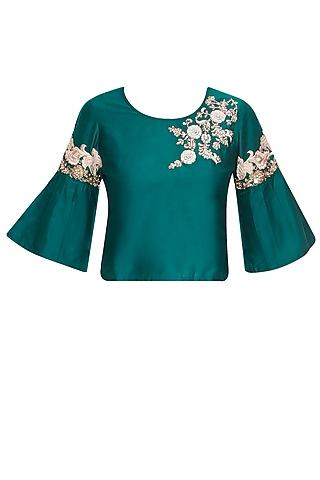 green floral pearl and dabka embroidered crop top