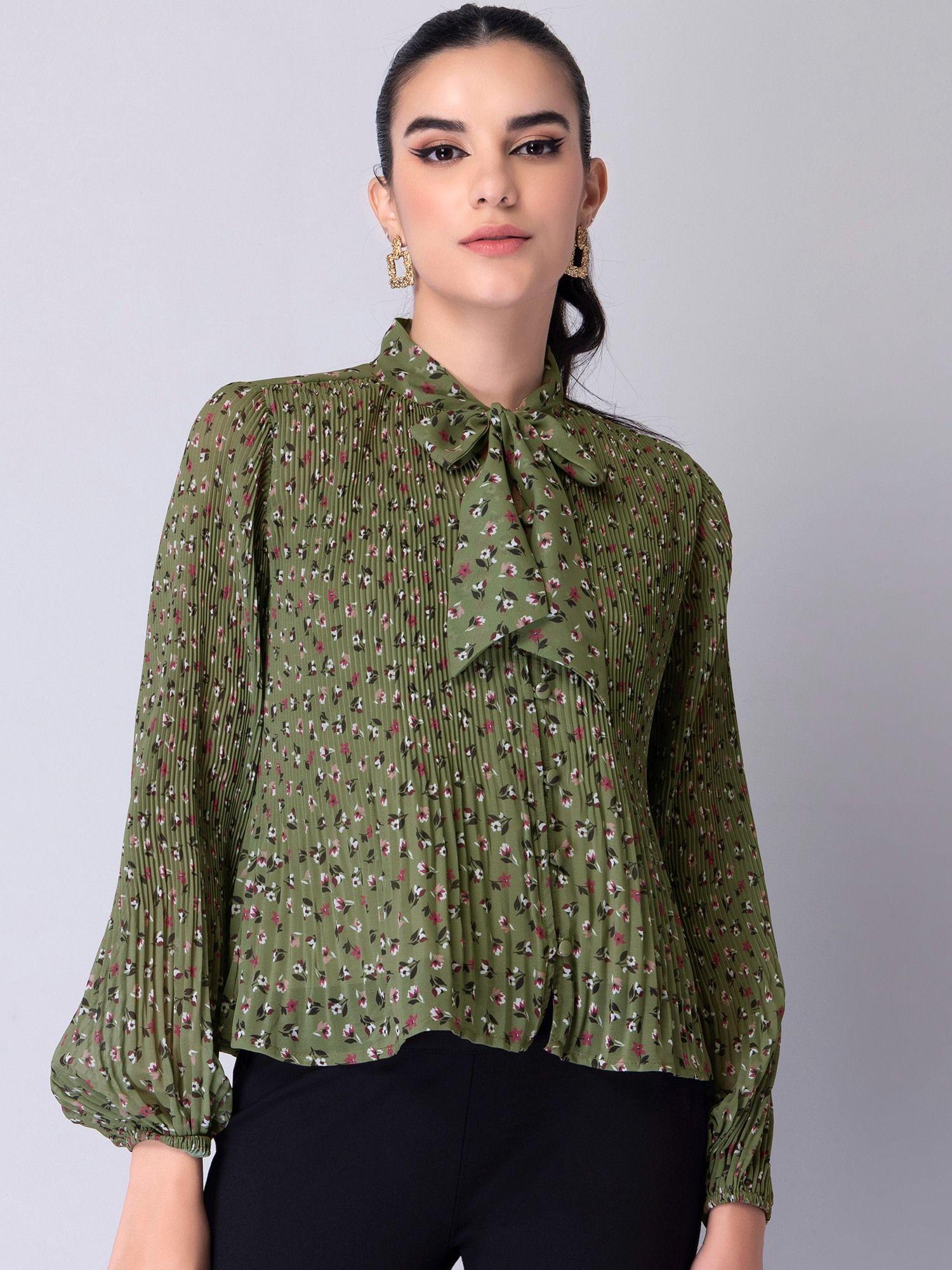 green floral pleated pussy bow blouse