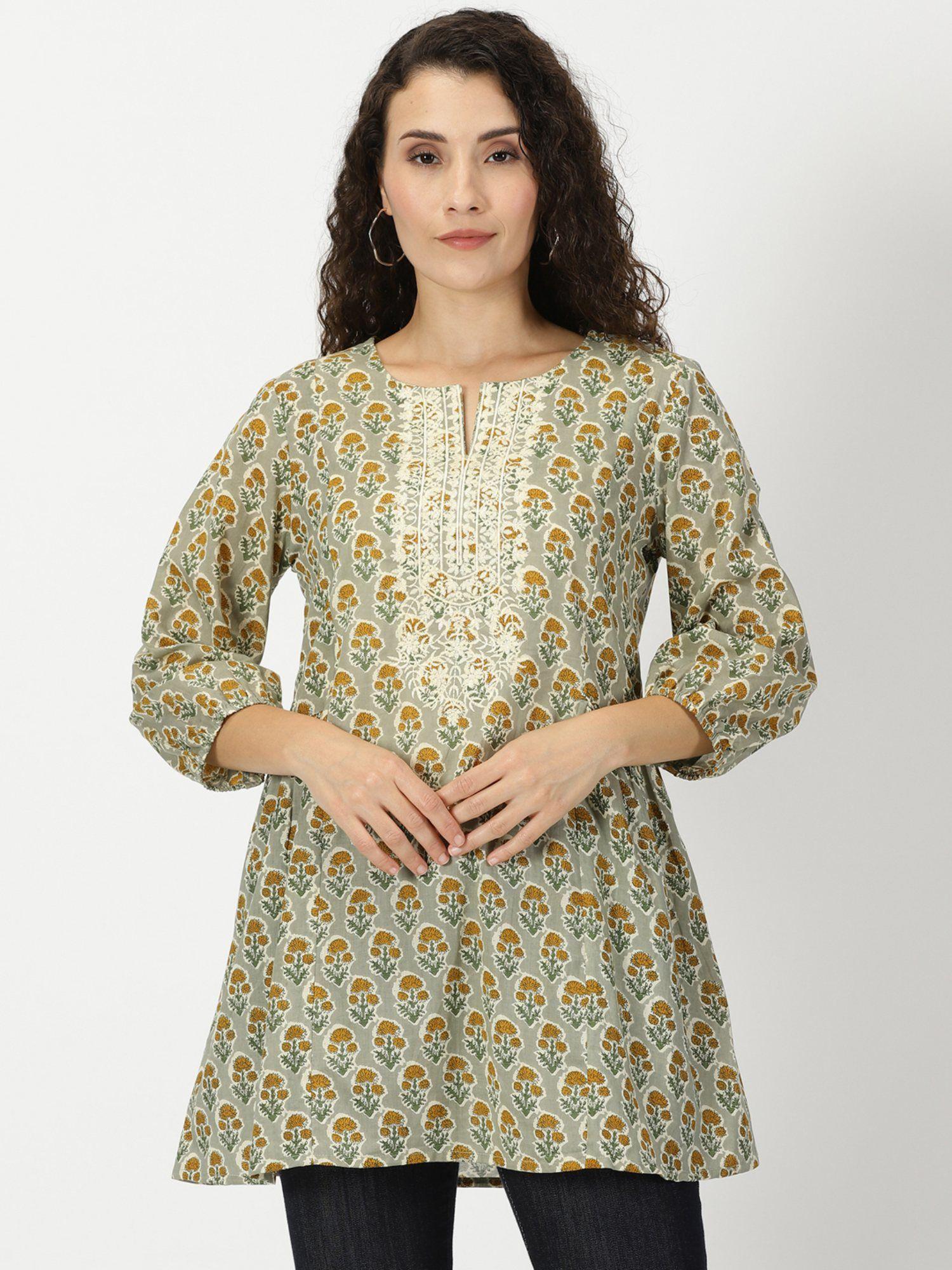 green floral print a-line tunic with embroidered yoke