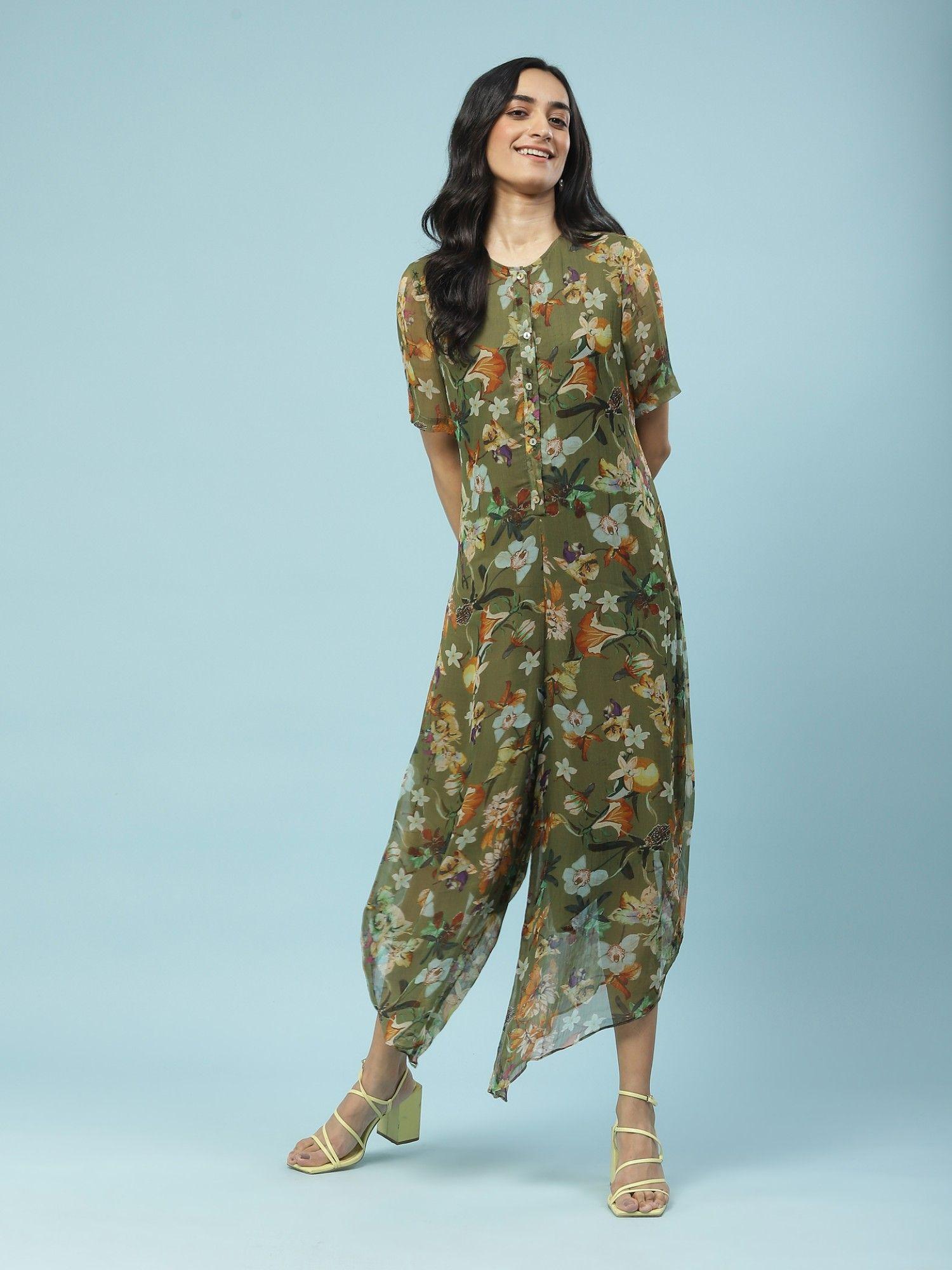 green floral print asymmetrical jumpsuit