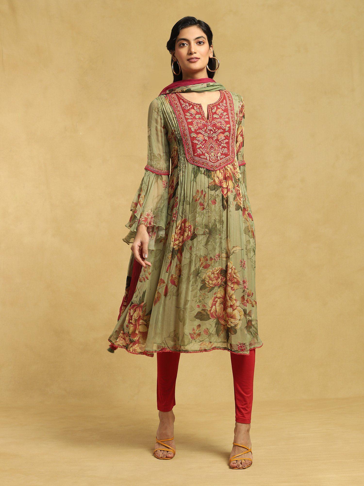 green floral print embroidered kurta with leggings and dupatta (set of 3)