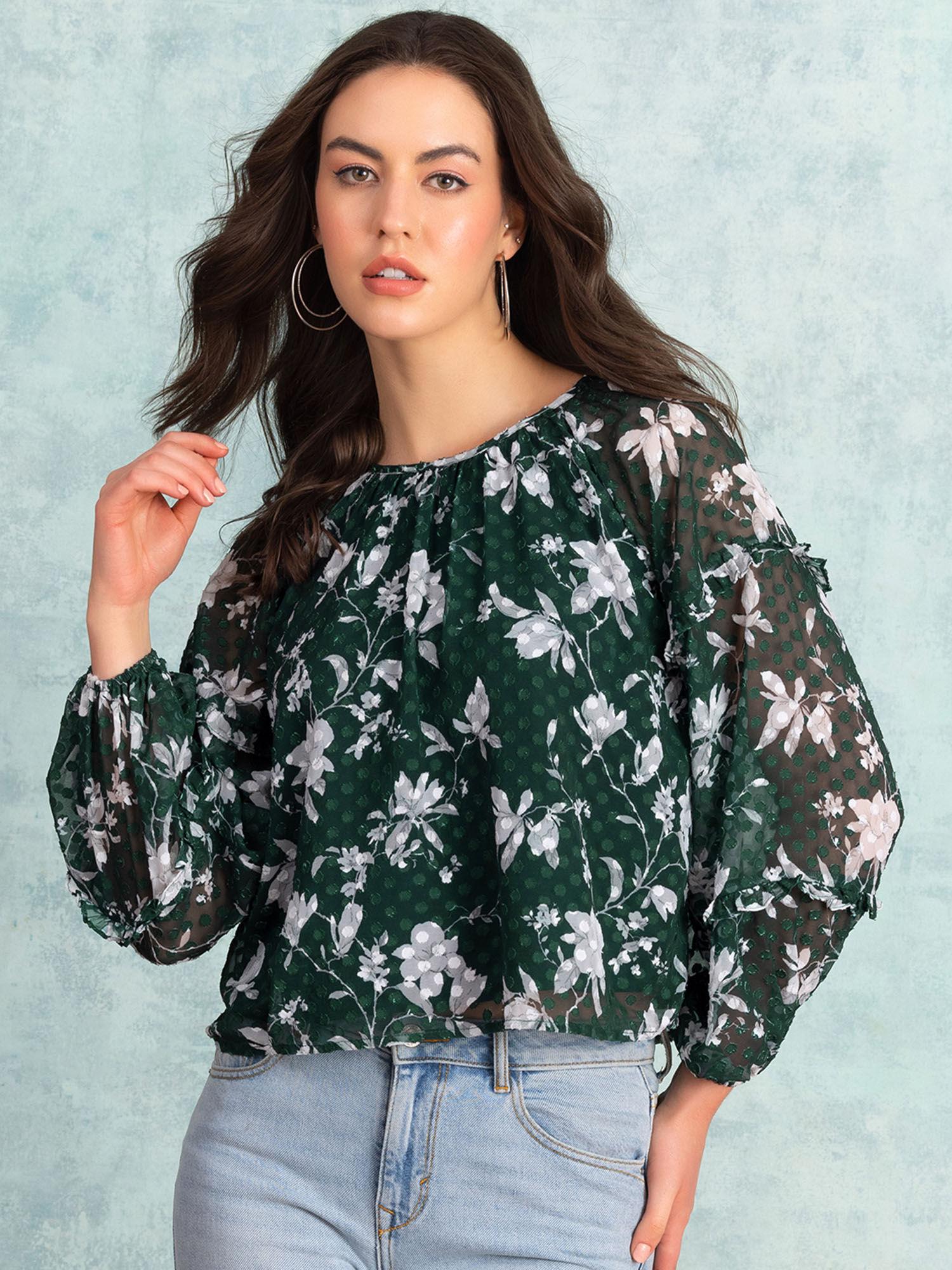 green floral print full sleeve blouse